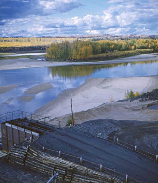 Sediment is moved around in large quantities by the Athabasca River. At Bitumount, the landing area became completely blocked by sand, ca. 1950.