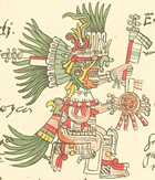 The Aztec Sun God Huitzilopochtli as depicted in a 16th-century manuscript Source: Wikimedia Commons/Public Domain-Old
