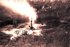 Sour gas well blow-out at Lodgepole near Drayton Valley, 1977; the first of two Amoco blowouts in the same Devonian gas field required a month to bring under control. Source: Provincial Archives of Alberta, J3747-1