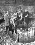 In October 1948, a re-enactment of Father De la Roche’s visit to the Seneca Oil Spring was held. In this image are (LtoR), Charles Artzberger (Mayor of Cuba, NY), Chief Curry Swihart and Chief Robert Swihart, both of the Seneca Nation, and Fr. Irenaeus Herscher, OFM. Today, the Seneca Oil Spring is a historic site maintained by the County of Allegany and the Oil Springs Indian Reservation.