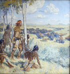 <em>Kelsey Sees the Buffalo, August 1691,</em> Charles W. Jefferys, ca.1927; Kelsey was among the first Europeans to see the Great Plains. He also sent samples of oil or bitumen to directors of the Hudson’s Bay Company in London.<br/>Source: HBC Corporate Collection