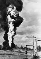 Fires, such as this one at Imperial Leduc No. 7 in 1947, were a relatively common hazard at well sites. Nonetheless, they could be destructive, wasteful and extremely difficult to control and extinguish.
