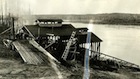 Fitzsimmons’s first separation plant building, under construction in 1931, featured this ramp and platform. The oil sand was hauled up the ramp, put in a pile and then shovelled by hand into the first stage of the separation process.<br/>Source:	Provincial Archives of Alberta, PR1971.0356.409a.24-IBC Separation plant