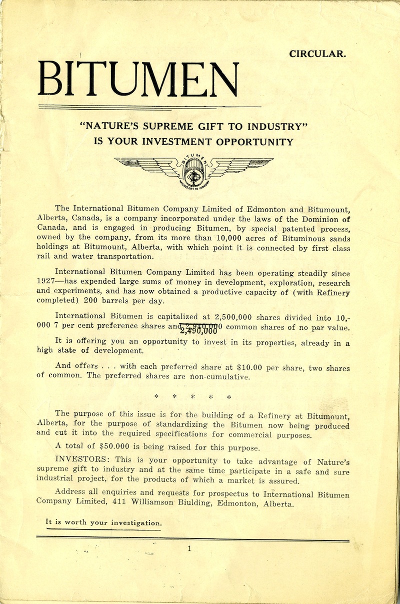 This circular was in support of Robert Fitzsimmons' campaign to raise $50,000 to build a refinery at Bitumount (ca. 1930s).