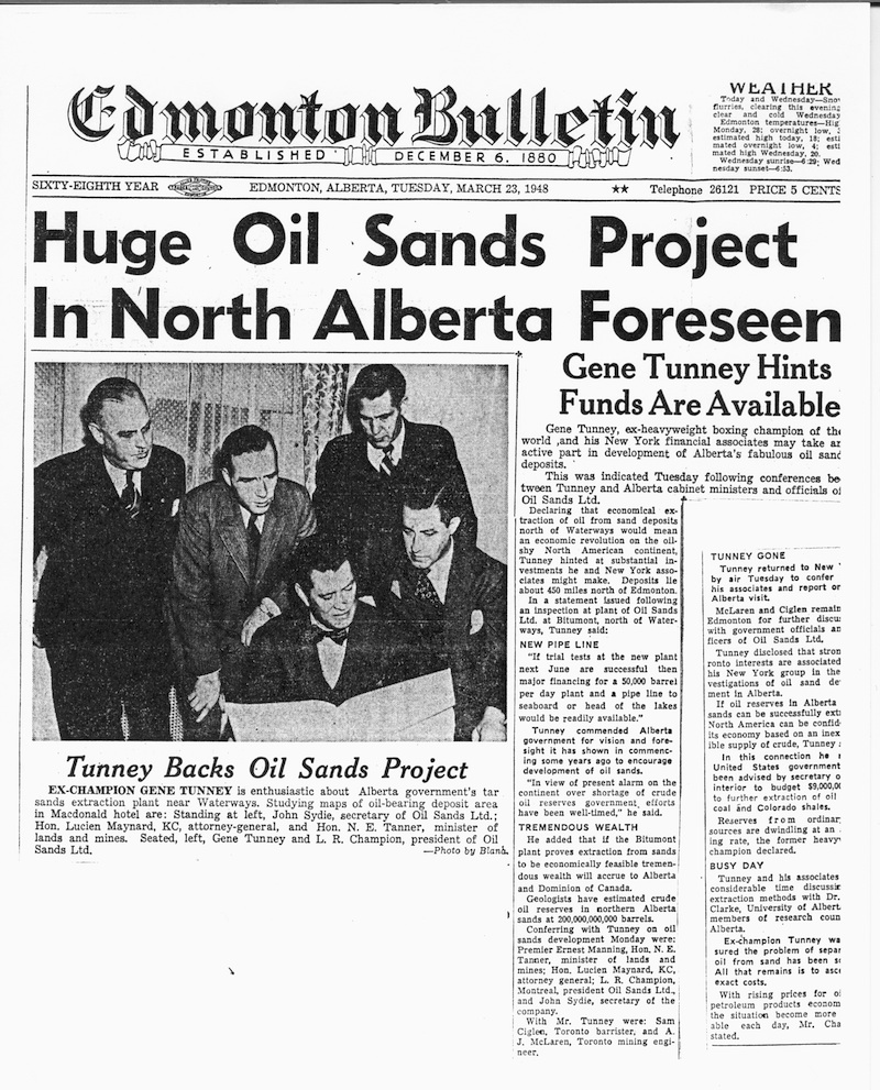 Gene Tunney, the famous boxer, visited Bitumount in 1948, but did not invest in the venture.<br/>Source:	Provincial Archives of Alberta, PR1971.0356.35.841
