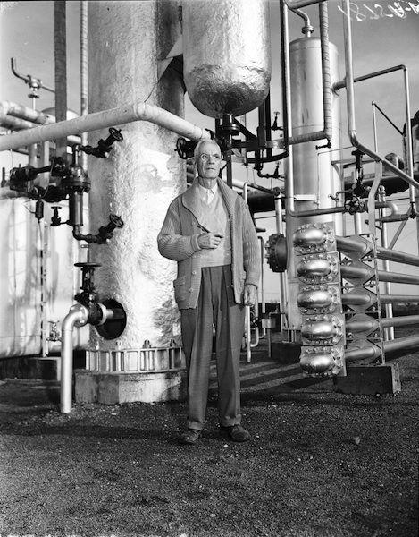The Alberta Government Oil Sands Project accomplished its goal of showing that the oil sands could be profitable. Karl Clark (here ca. 1950) could be proud of that result. Nevertheless, the government was not interested in running a plant, and it was shut down and put up for sale.<br/>Source:	Provincial Archives of Alberta, PA410.3