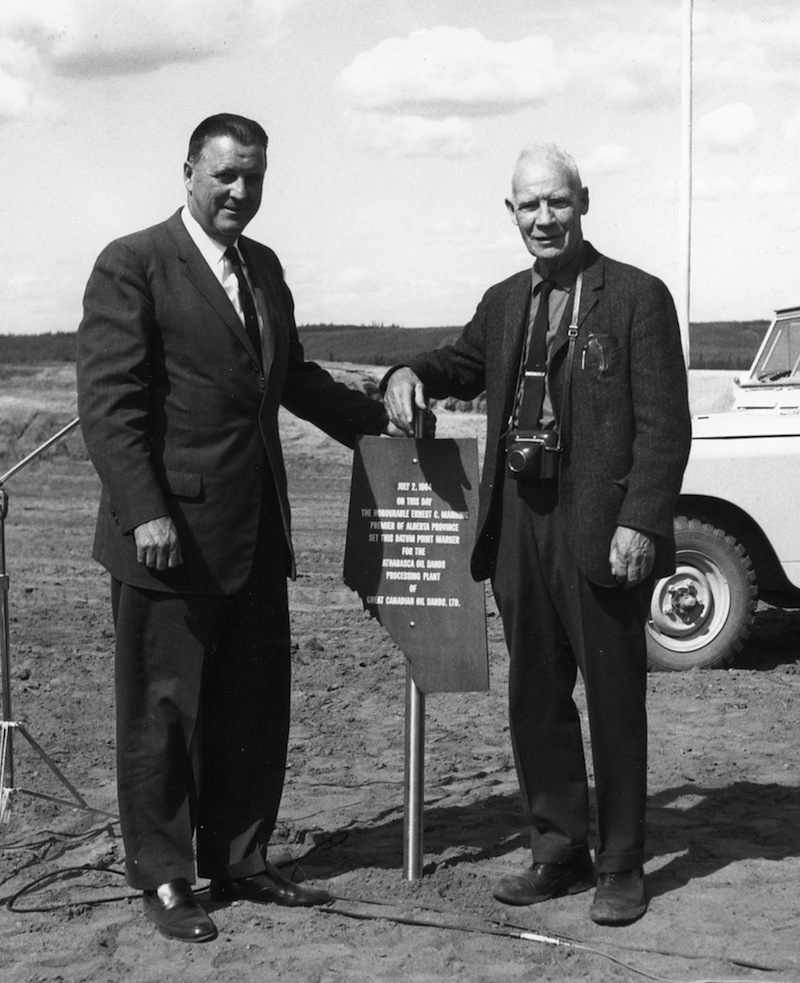 In 1964, Karl Clark (right) was present for the sod turning ceremony for the Great Canadian Oil Sands plant at the Mildred-Ruth Lakes site. The plant opened in 1967, only nine months after Clark died.