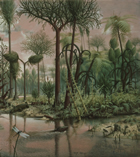 A coal-forming forest from the Carboniferous Period about 360,000 to 290,000 million years ago<br/>Source: <em>The Age of Reptiles</em>, a mural by Rudolph F. Zallinger. © 1966, 1975, 1985, 1989, Peabody Museum of Natural History, Yale University, New Haven, Connecticut, USA