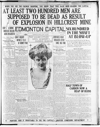 An initial gas explosion triggers a larger coal dust explosion, killing 189 miners. The initial fatalities estimate reported in the Edmonton Capital newspaper on June 19, 1914, was later revised