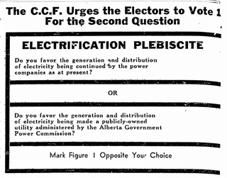 CCF Advertisement in the People’s Weekly, August 14, 1948, urging people to support public utility ownership<br/>Source: Image courtesy of Peel’s Prairie Provinces, a digital initiative of the University of Alberta Libraries