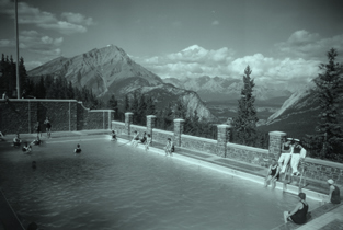 Upper Hot Springs pool and view of Bow Valley, Banff National Park, ca. 1935