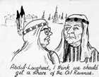 This cartoon, published in the February 10, 1974, <em>Kainai News</em>, depicts Harold Cardinal, President of the Indian Association of Alberta, and Peter Lougheed, Premier of Alberta, dressed as sheiks and standing in an oil field; Lougheed’s battles to defend Alberta’s oil revenues from federal grab earned him the reputation of the "blue-eyed sheik". Sources: Glenbow Archives, M-9028-539