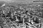 View of Calgary’s downtown skyline, May 1972; by 1965, approximately 965 gas and oil industry headquarters were located in Calgary where about half of the population was employed by the industry. During the 1970s, the exploding population and frenetic construction boom transformed the city. Source: Glenbow Archives, NA-2864-21093