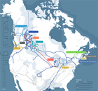 The coloured web of lines on this map of Alberta illustrates the central role played by the province in the transmission of natural gas. Source: Alberta Energy