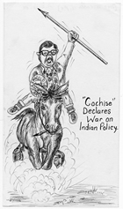 This cartoon, "‘Cochise’ Declares War on Indian Policy" by Everett Soop, editorial cartoonist for the <em>Kainai News,</em> appeared in a December 1969 edition  and depicts Harold Cardinal as Cochise, riding to battle for indigenous rights. Cochise was an Apache leader, who led a rebellion against American authorities in the Arizona region in the early-1860s. Like Cochise, Cardinal was seen by many of Alberta’s First Nations as a warrior defending his people against oppression. Source: Glenbow Archives, M-9028-82