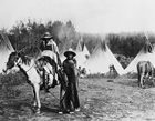 Although this image of a Cree encampment near Maskwacis (formerly known as Hobbema), ca. 1900, shows certain aspects of the nomadic way of life, it also shows that by the late-1800s western Canada’s indigenous peoples had adopted many aspects of western clothing. By this time, they were largely settled on reserves.