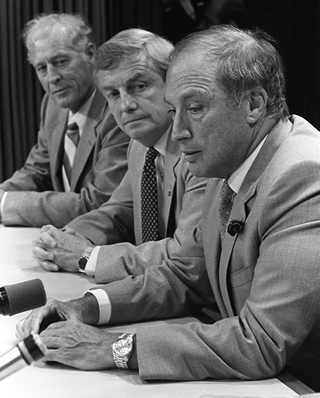 Pierre Trudeau, Prime Minster of Canada (right), and Peter Lougheed, Premier of Alberta (centre), hold a joint press conference announcing a compromise on some provisions of the federal National Energy Program (NEP), September 1, 1981. Source: CP Photo/Dave Bunston, 03263367
