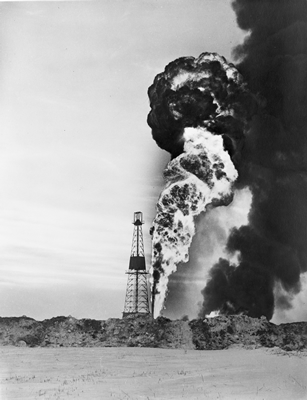 Oil well Imperial Leduc No. 1 blows in on February 13, 1947. Source: Provincial Archives of Alberta, P1342