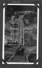 Tar sands mining on Draper’s claim, Waterways, 1923; supplying the raw material for others who were investigating the resource was serious business for Draper, and by the mid-1930s, he had mined and shipped nearly 1,452 metric tons (1,601 short tons) of oil sands to other researchers, including the Research Council of Alberta. The paving experiments of Karl Clark and Sidney Blair relied upon bitumen supplied by Draper. <br/>Source: University of Alberta Archives, 69-100-A2-23-03