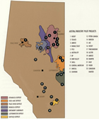 A map of Alberta showing AOSTRA/petroleum industry pilot projects in the 1970s and 1980s. Source: Courtesy of Alberta Innovates