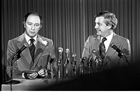 Canada’s Prime Minister Pierre Trudeau and Alberta Premier Peter Lougheed clashed over oil sands ownership, export taxation and natural resource revenue sharing arrangements in the 1970s and early 1980s; November 1, 1977. Source: Provincial Archives of Alberta, J3672.2