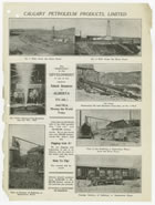After Dingman No. 1 (top left) came in, a second well—Dingman No. 2 (top right)—was started nearby, storage tanks were installed and the beginnings of a treatment facility were erected. This advertisement shows the development of the Calgary Petroleum Products site, ca. 1916. <br />Source: Provincial Archives of Alberta, GR1985.0248.Box30.1382