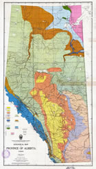 The 1925 edition of J. A. Allan’s <em>Geological Map of the Province of Alberta</em> continued to be updated from year to year based on geological studies and was crucial for developing Alberta-based expertise in geology. <br />Source: Peel’s Prairie Provinces, a digital initiative of the University of Alberta Libraries