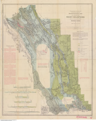 The Geological Survey of Canada publishes a map important to exploration for oil and gas. The map covers the Canadian Rockies from the border with the United States to the Red Deer Valley in central Alberta and includes Turner Valley and Bow Valley. It is based on surveying work done by George Mercer Dawson, A. R. C. Selwyn and Eugene Coste. <br />Source: Natural Resources Canada, used under the Government of Canada’s Open Government <br />License: http://open.canada.ca/en/open-government-licence-canada.