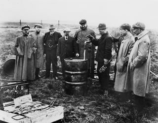 Calgary Petroleum Products discovers wet gas at the Dingman No. 1 well on the Sheep River in Turner Valley on May 14, 1914. Calgary Petroleum Products begins installing equipment to process the raw petroleum product. <br />Source: Glenbow Archives, NA-2335-4.